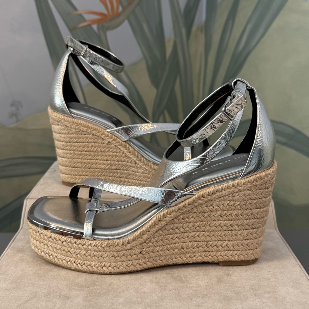 DKNY Metallic Silver Espadrille Wedge Sandals, size 6, NWOT